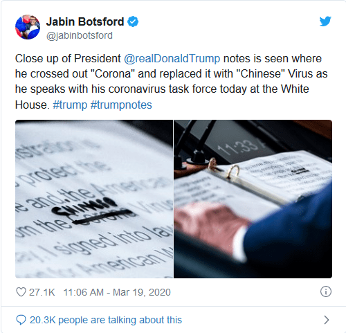 Cerca del presidente [Trump’s] Se observa notas donde tachó 