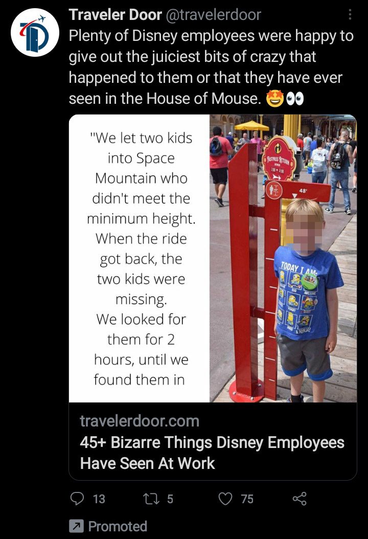 Una broma de Space Mountain Disneyland que involucró a una niña y un niño que no cumplían con los requisitos de altura para el viaje y resultó en que uno de ellos fingiera estar muerto y desaparecido fue todo falso.