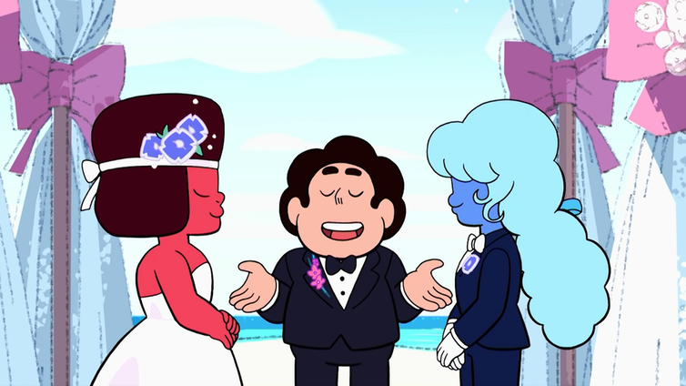 El personaje de dibujos animados Steven Universe oficia la boda entre los personajes Ruby y Sapphire