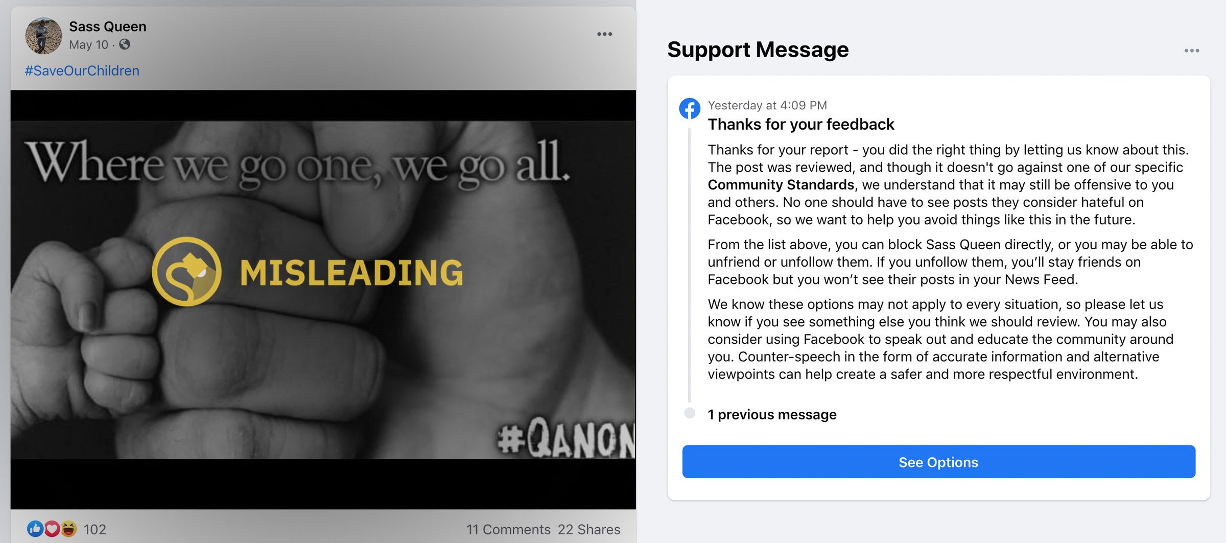 El contenido de la teoría de la conspiración de QAnon sigue prosperando en Facebook a pesar de una supuesta prohibición hace un año.