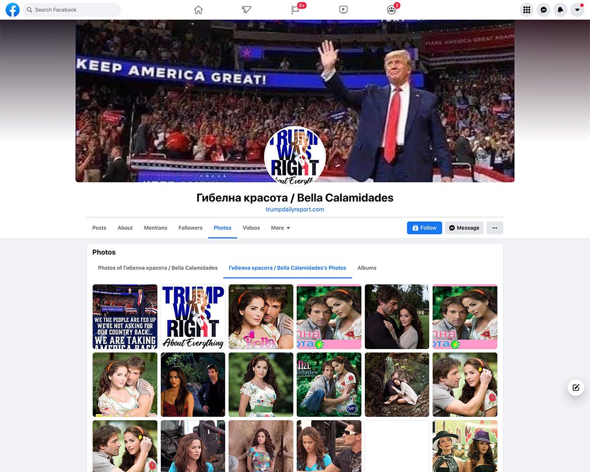 Una página de Facebook con un nombre ruso y Bella Calamidades publicó videos pro-Trump de Fox News OAN y Newsmax con miniaturas alteradas para engañar a los espectadores con la idea de que el presidente Joe Biden y la presidenta de la Cámara de Representantes Nancy Pelosi iban a la cárcel.