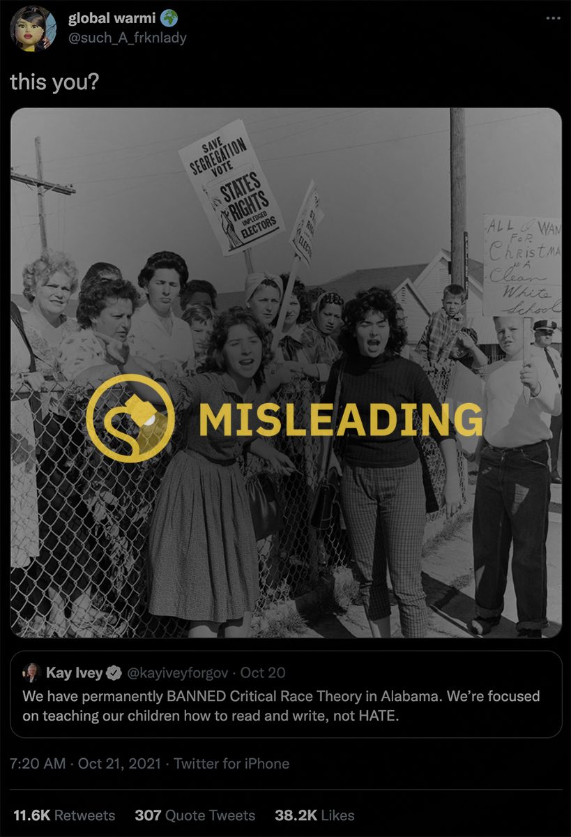 Esta imagen no muestra a la gobernadora de Alabama, Kay Ivey, protestando contra la desegregación en Luisiana en 1960.