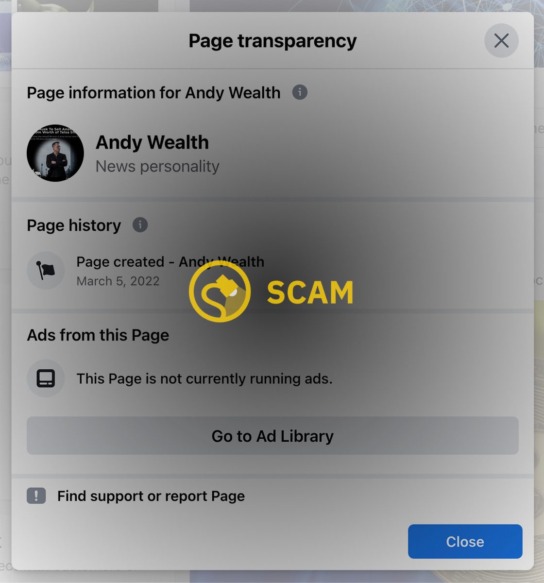 Se estaba operando una criptoestafa que involucraba la criptomoneda bitcoin en la página de Facebook de Andy Wealth y afirmaba involucrar a un maestro que aconsejaría sobre oportunidades de inversión en aplicaciones llamadas MetaEx y MetaEXC.