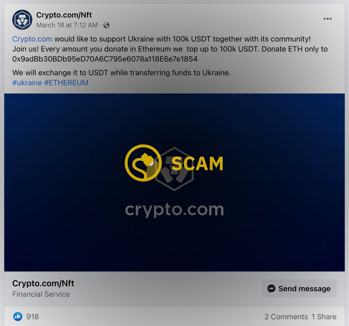 Una criptoestafa en la plataforma Meta de Facebook solicitaba donaciones para Ucrania y tenía el nombre de página Crypto.com/Nft.