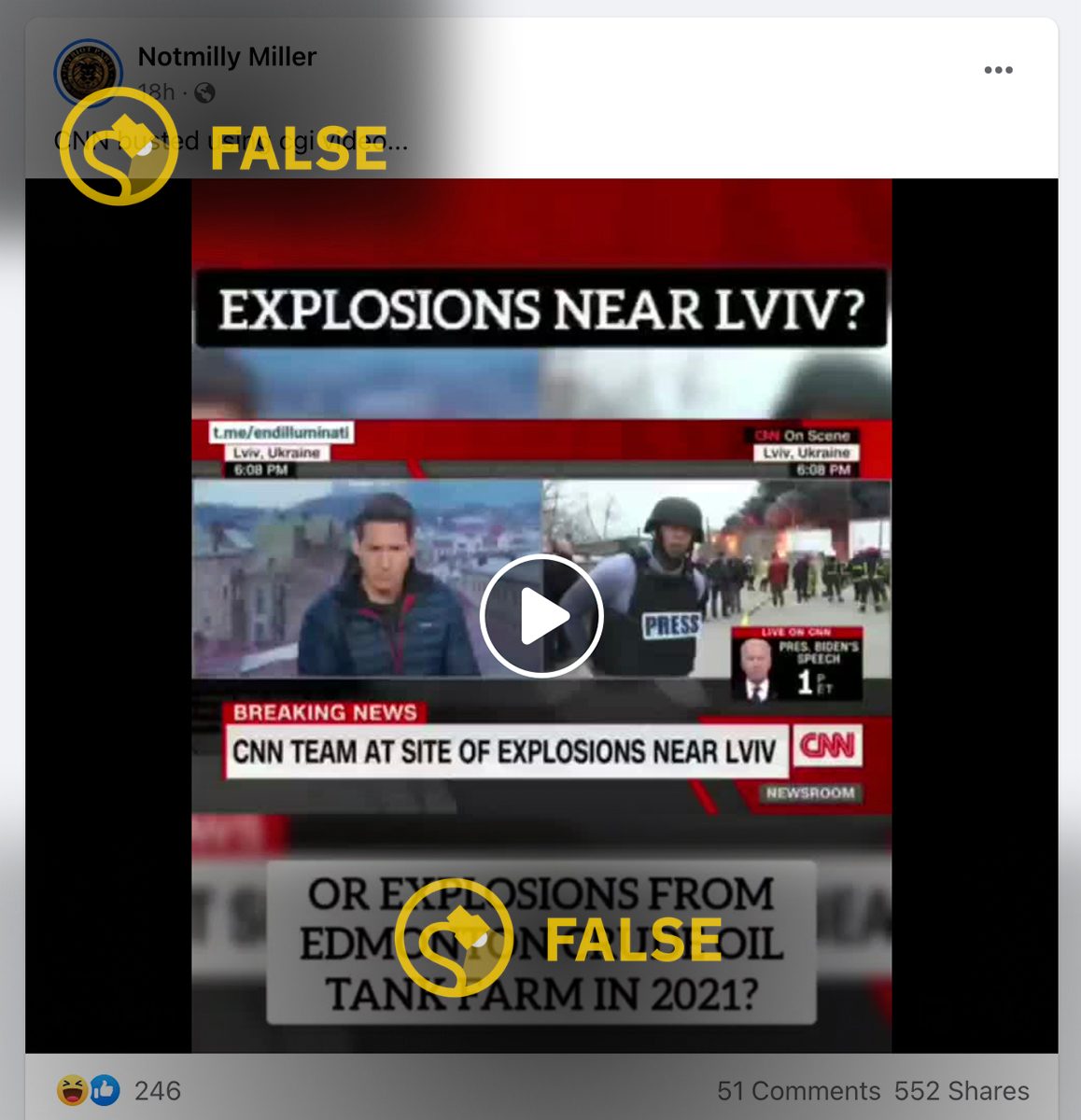 Según un video falso y engañoso de Telegram, CNN y Don Lemon transmitieron un incendio de explosión en una granja de tanques de petróleo crudo en Edmonton, Canadá, desde 2021 para representar a Lviv Ucrania en 2022.