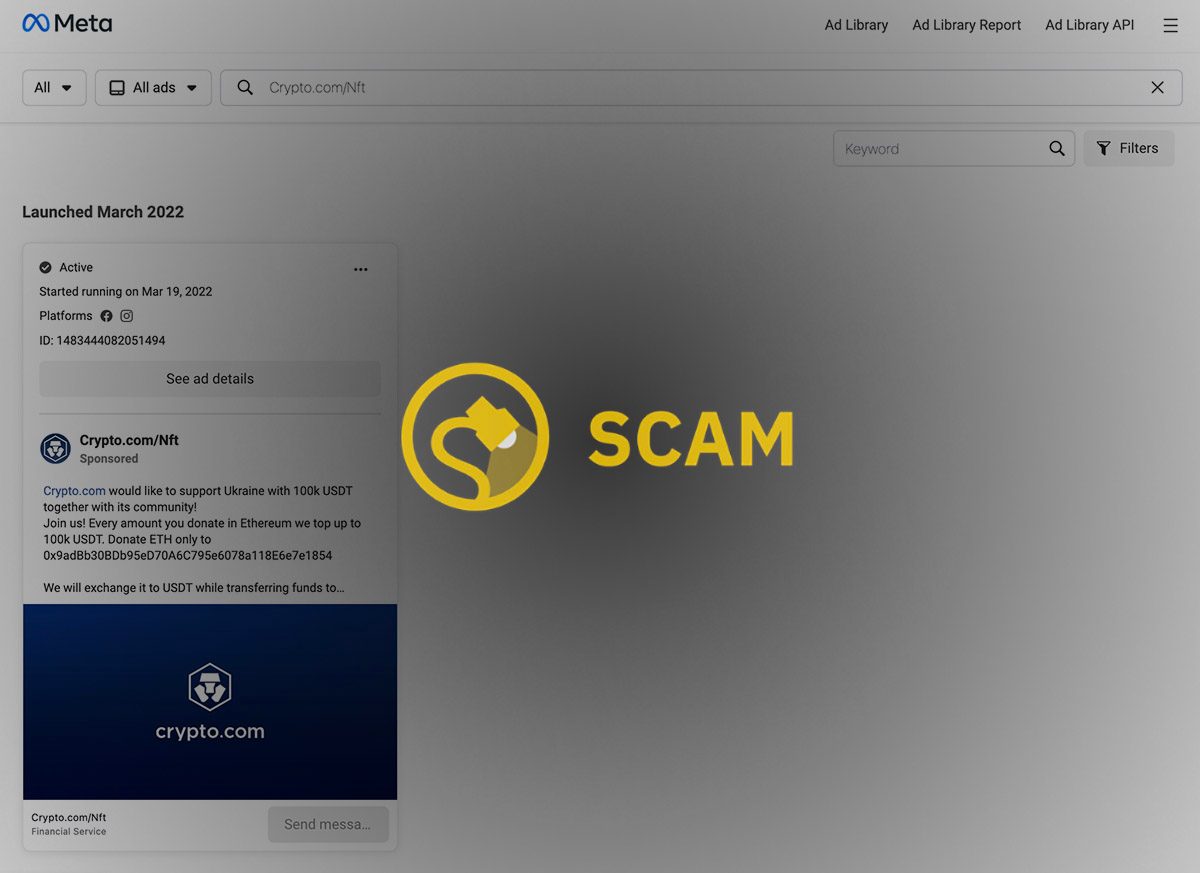 Una criptoestafa en la plataforma Meta de Facebook solicitaba donaciones para Ucrania y tenía el nombre de página Crypto.com/Nft.