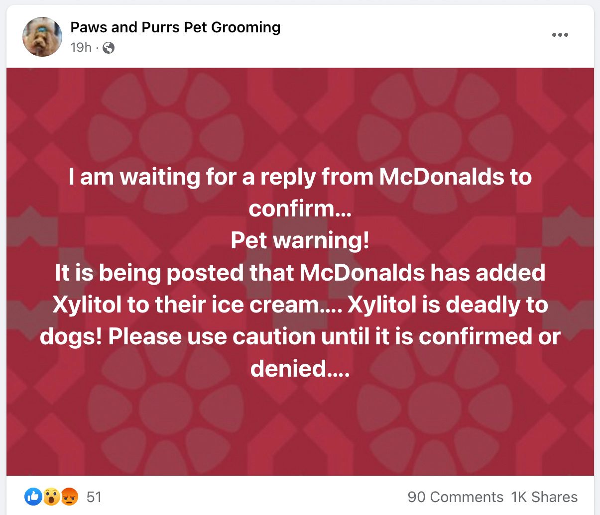 Una publicación de Facebook afirmó que el helado de McDonald's contiene xilitol, que es un alcohol de azúcar que es tóxico y mortal para los perros.