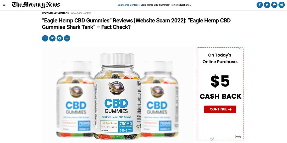 Las reseñas de las gomitas de CBD Shark Tank son contenido patrocinado y el elenco del programa de televisión no respaldó las gomitas de CBD Eagle Hemp, las gomitas de CBD Natures Only o las gomitas de CBD Smilz.