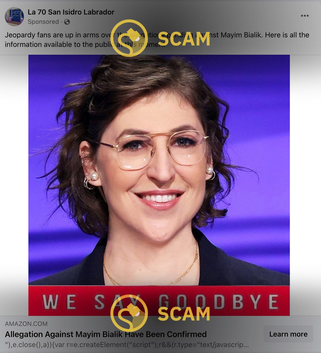 La presentadora de Jeopardy, Mayim Bialik, fue objeto de anuncios de Facebook sobre acusaciones falsas y Premium Jane CBD y Serenity CBD Gummy y otros productos de gomitas de CBD.