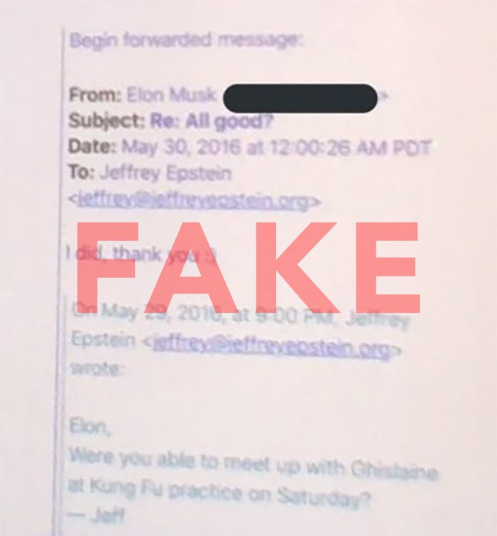 Un intercambio de correos electrónicos entre Jeffrey Epstein y Elon Musk sobre Ghislaine Maxwell y la práctica de kung fu el sábado fue falso.