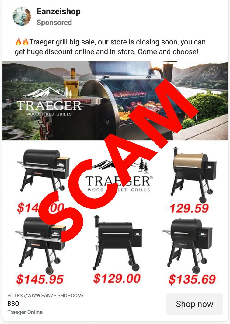 Una estafa de Facebook para Traeger Grills en Eanzeishop anunciaba las palabras Traeger grill gran venta y nuestra tienda cerrará pronto y puede obtener un gran descuento en línea y en la tienda y venir y elegir.