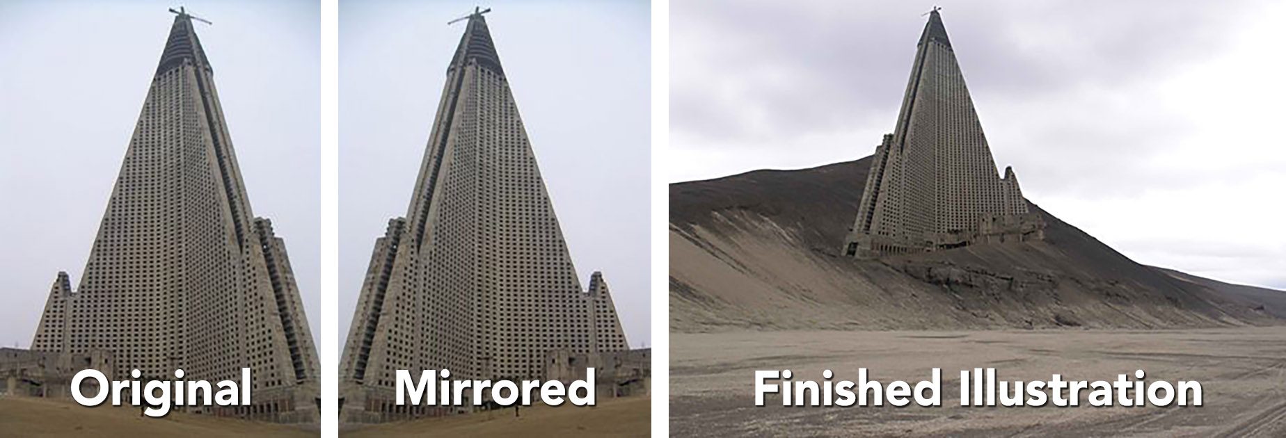 La imagen del Hotel Ryugyong del edificio de la pirámide en una duna de arena o una colina de tierra proviene originalmente de una ilustración de Nicolas Moulin.
