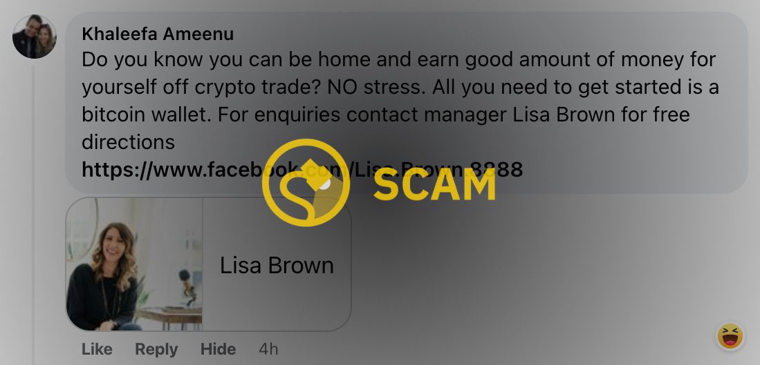 Lisa Brown en Facebook es una criptoestafadora que promete inversiones en bitcoins.