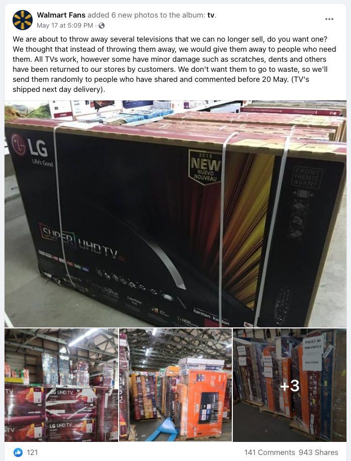 Una estafa de Facebook de Walmart prometió televisores y televisores LG y Samsung gratis por realizar encuestas en un sorteo.
