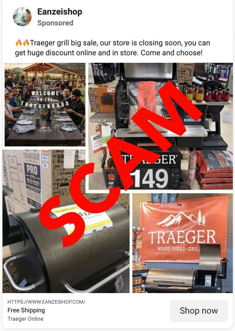 Una estafa de Facebook para Traeger Grills en Eanzeishop anunciaba las palabras Traeger grill gran venta y nuestra tienda cerrará pronto y puede obtener un gran descuento en línea y en la tienda y venir y elegir.