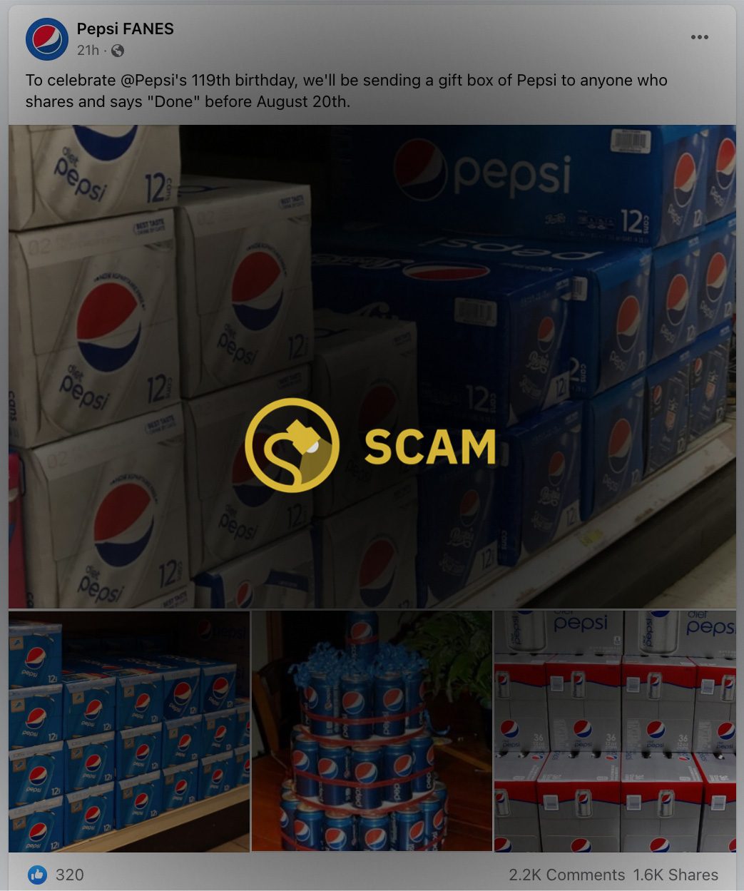 Observamos una encuesta fraudulenta en Facebook que involucraba a Pepsi y una página llamada Pepsi FANES afirmaba estar regalando cajas de refresco Pepsi en honor al 119.° aniversario de la empresa.