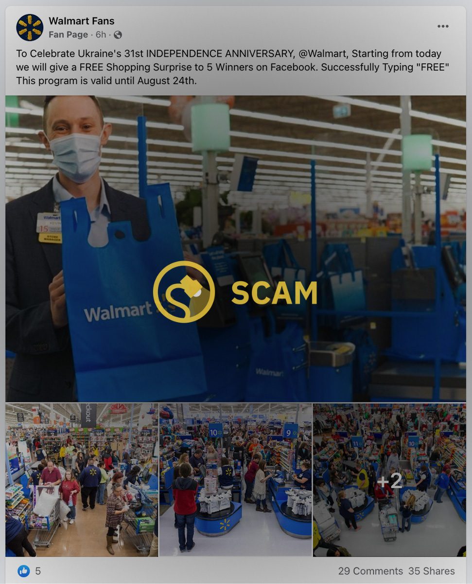 Una estafa en Facebook afirmaba que Walmart estaba ofreciendo una ola de compras sorpresa a cinco ganadores en honor al 31.º Día de la Independencia de Ucrania.
