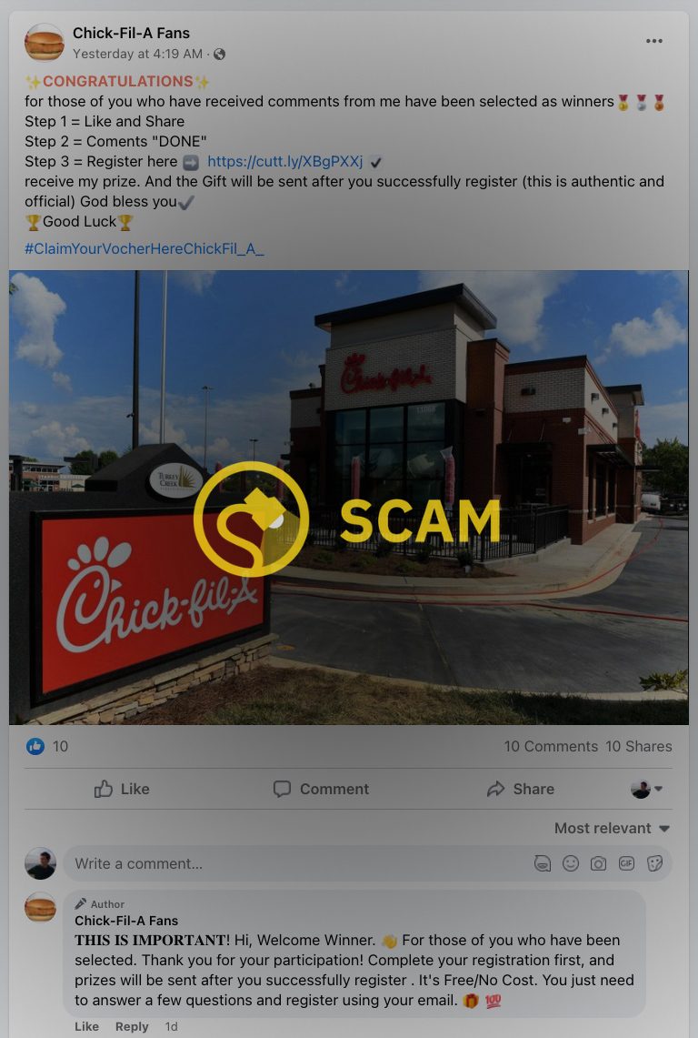 Una página de Facebook llamada Fans de Chick-fil-A afirmó falsamente en una estafa que puede ganar un premio si le gusta, comparte y comenta una publicación, y sigue un enlace que lleva a encuestas.