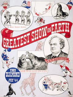 Anuncio de circo con dibujos de payasos y animales.