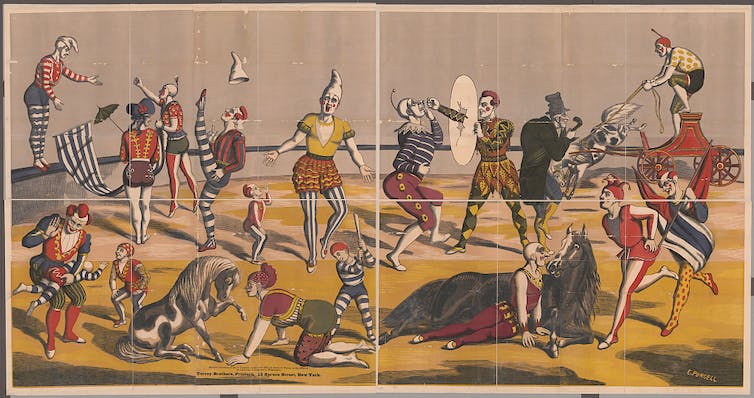 Un póster de circo con payasos haciendo varias travesuras.