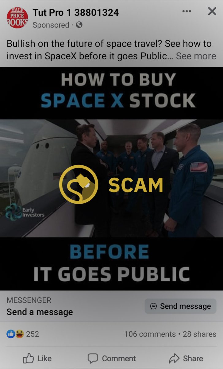 Las publicaciones de Facebook o Instagram que prometen cómo comprar acciones de SpaceX antes de que se hagan públicas son estafas y no son legítimas.