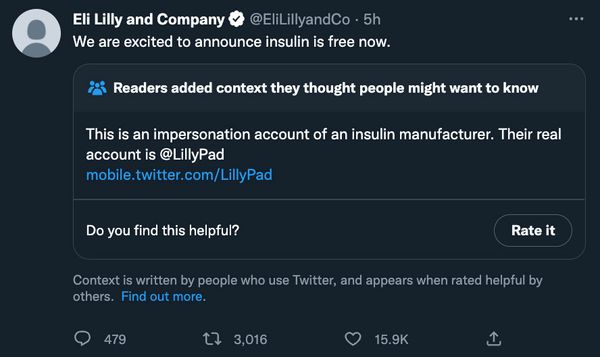 Una cuenta verificada de Twitter se hizo pasar por Eli Lilly y dijo que la insulina ahora es gratis.