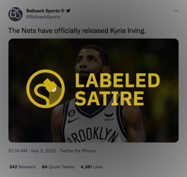 La cuenta de Twitter de parodia y sátira Ballsack Sports tuiteó que los Nets han liberado oficialmente a Kyrie Irving.