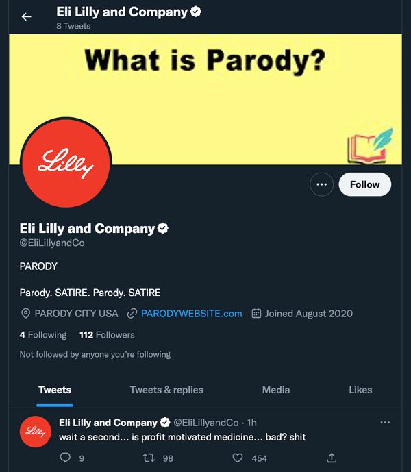 Una cuenta verificada de Twitter se hizo pasar por Eli Lilly y dijo que la insulina ahora es gratis.