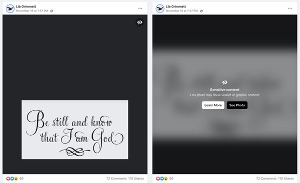 Una imagen publicada en Facebook con un versículo de la Biblia que decía: Estad quietos y sabed que yo soy Dios, estaba cubierta con una etiqueta de contenido sensible.