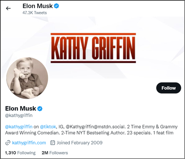 Twitter prohibió la cuenta de Twitter de la comediante Kathy Griffin después de que cambió su nombre de usuario a Elon Musk.