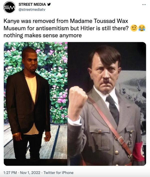 Un tweet eliminado que muestra figuras de cera de Hitler y Kanye West.