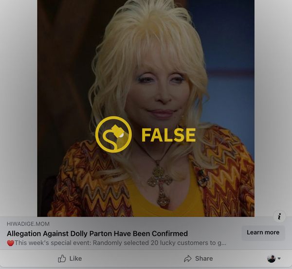 Los anuncios de Facebook afirmaron falsamente que se habían confirmado las acusaciones contra Dolly Parton.
