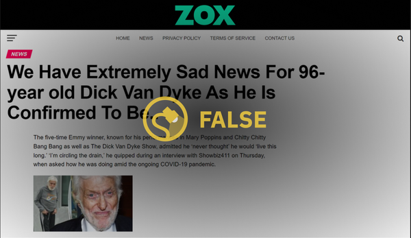 El sitio web afirma falsamente que Dick Van Dyke está muerto.