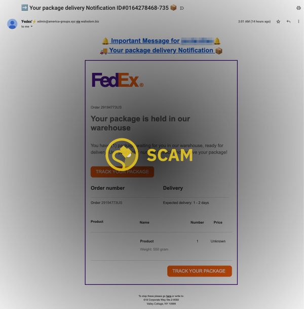 Una estafa por correo electrónico de FedEx para una notificación de entrega de paquete decía que su paquete está retenido en nuestro almacén.