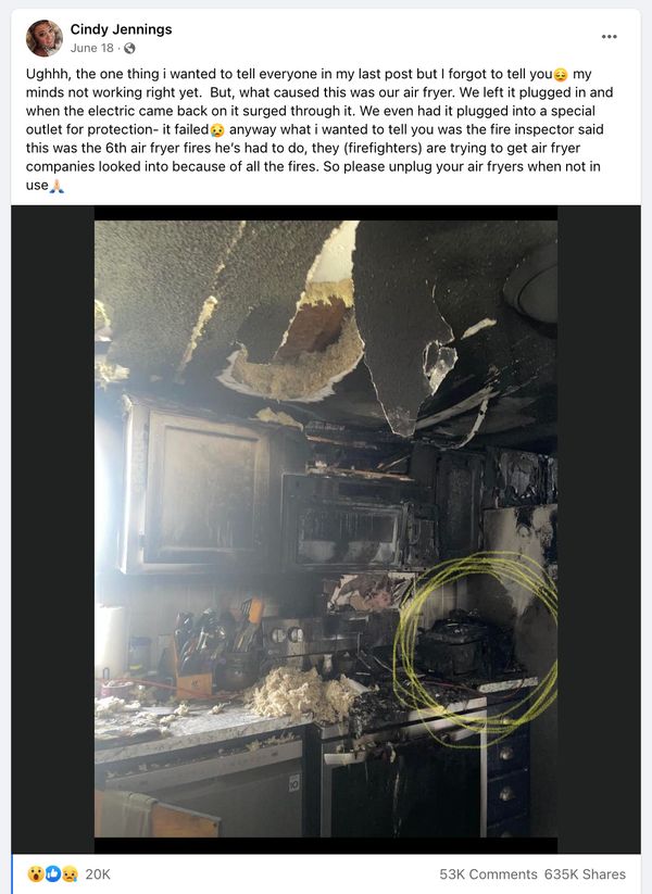 Cindy Jennings publicó en Facebook que una freidora de aire tuvo una subida de tensión y provocó un incendio en la cocina.