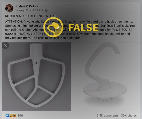 Un rumor falso decía que KitchenAid había retirado del mercado sus batidoras debido a problemas de plomo en los accesorios.