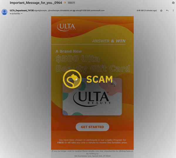 Una estafa por correo electrónico de Ulta Beauty prometía a los usuarios que habían ganado una tarjeta de regalo de $500.