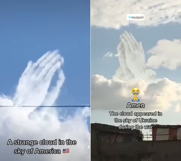 manos rezando en las nubes