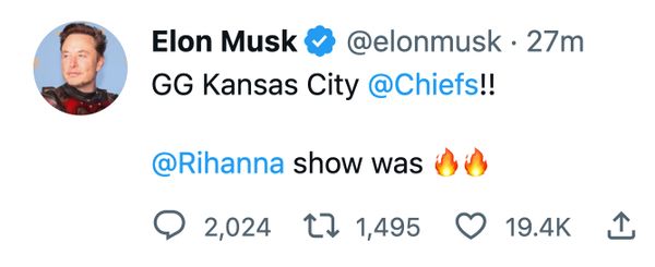 Elon Musk eliminó un tuit que decía Go Eagles después de que perdieron ante los Chiefs en el Super Bowl LVII.