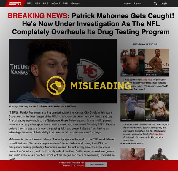 Un rumor afirmaba que Patrick Mahomes enfrentaba acusaciones de engaño sobre las drogas y había sido atrapado con los suplementos de mejora masculina Erexo Plus.