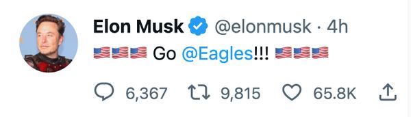 Elon Musk eliminó un tuit que decía Go Eagles después de que perdieron ante los Chiefs en el Super Bowl LVII.