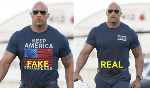 una foto que muestra a dwayne the rock johnson con una camiseta anti-trump es falsa