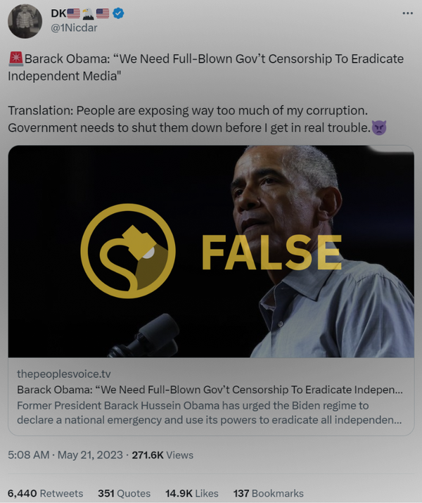 cita falsa de obama: necesitamos una censura total del gobierno para erradicar los medios independientes
