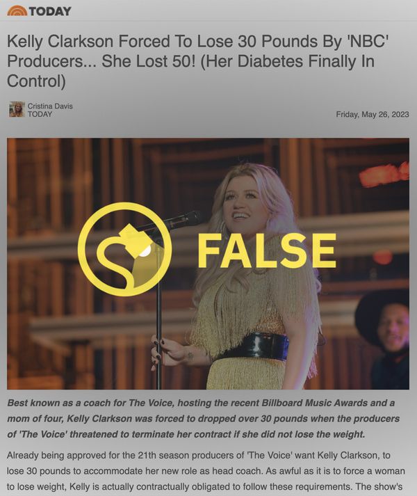 NBC o los productores de The Voice no obligaron a Kelly Clarkson a perder 30 libras, ni nunca respaldó las gominolas keto ACV.