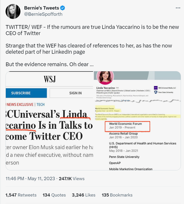 ¿La nueva directora ejecutiva de Twitter, Linda Yaccarino, está involucrada tanto en la administración del FEM como en la de Biden?
