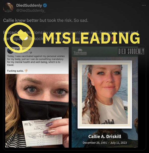 Una mujer llamada Callie Driskill murió en un accidente de ATV, no por una vacuna COVID-19.