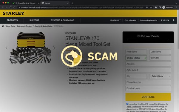Una oferta falsa de Harbor Freight Tools en un correo electrónico fraudulento prometía un juego de herramientas Stanley de 170 piezas, un taladro u otros productos.