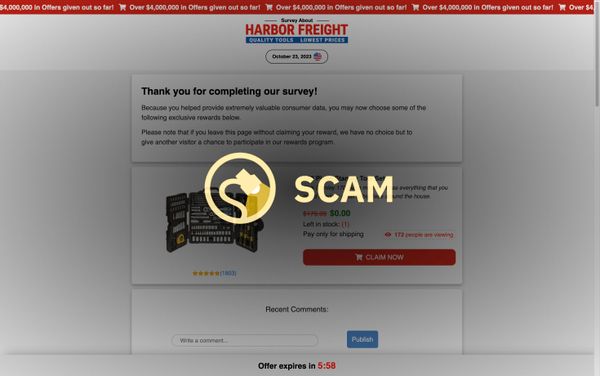 Una oferta falsa de Harbor Freight Tools en un correo electrónico fraudulento prometía un juego de herramientas Stanley de 170 piezas, un taladro u otros productos.