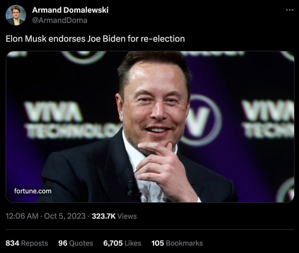 Las publicaciones en X decían que Elon Musk había respaldado al presidente estadounidense Joe Biden para la reelección en 2024, se declaró transgénero y se suicidó.