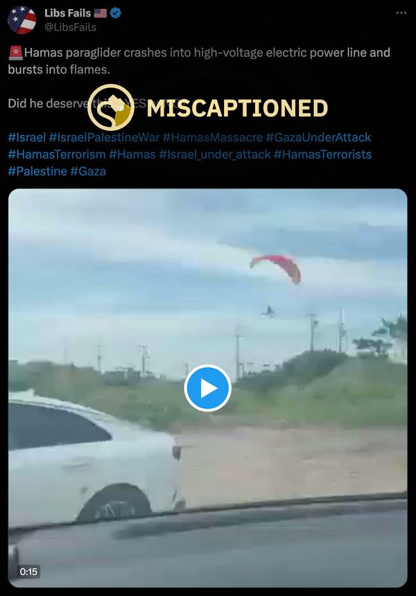 Un vídeo supuestamente mostraba a un militante de Hamás en un parapente chocando contra una línea eléctrica de alto voltaje.